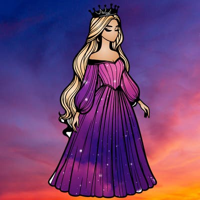 realistic woman with a crown of her head and a long dress