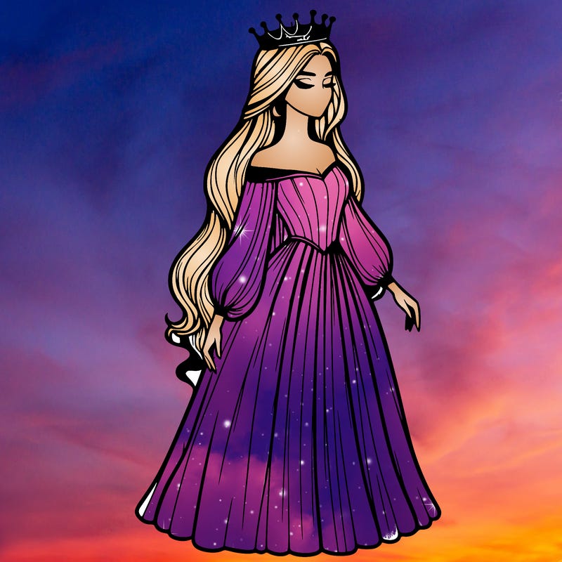 realistic woman with a crown of her head and a long dress