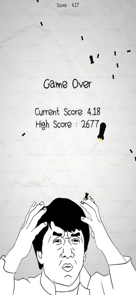 Game over screen in No Humanity showing a frustrated meme character and high scores on doodle paper background.