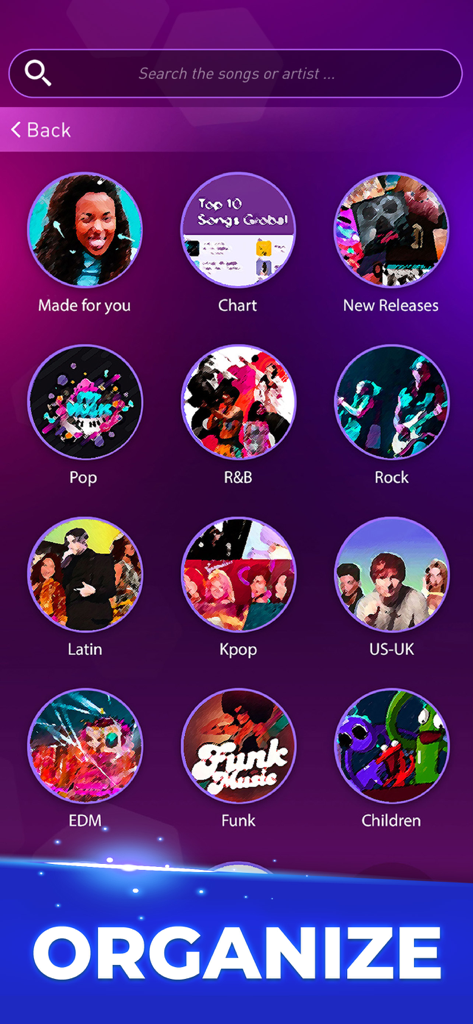Tiles Hop: Music Ball Clash - Pantalla de selección en Tiles Hop que muestra varios géneros musicales como Pop, Kpop y EDM