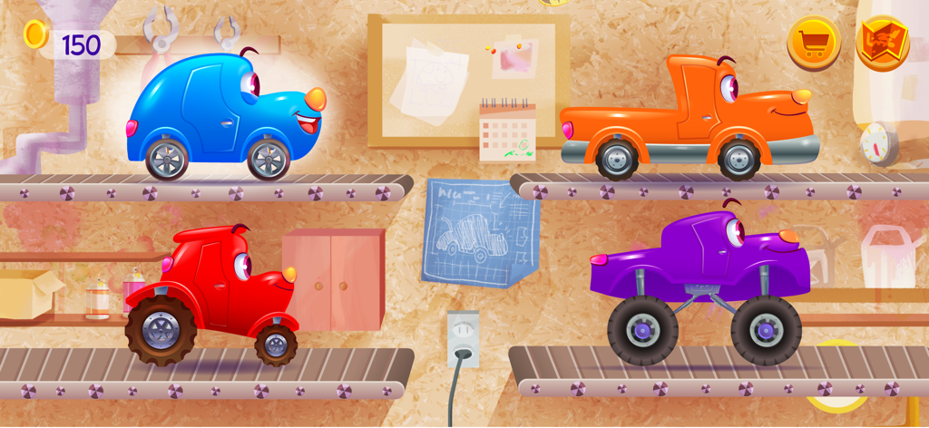 Funny Racing Cars - Four colorful cartoon vehicles on conveyor belts in the car factory customization screen