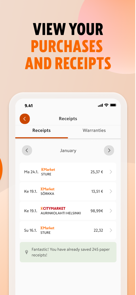 K-Ruoka - Benutzeroberfläche der K-Ruoka-App mit digitalen Quittungen und Kaufhistorie