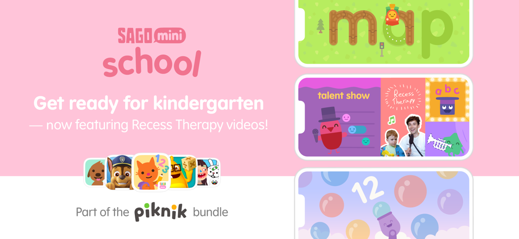 Banner promocional do Sago Mini School destacando jogos de preparação para o jardim de infância e o pacote Piknik