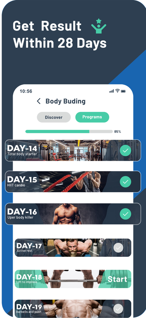 Rony: Muscles Fitness Training - Bodybuilding workout schedule for the 28 day challenge in the Rony fitness app