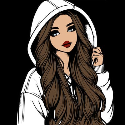 realistic girl with long hair in a big hoodie