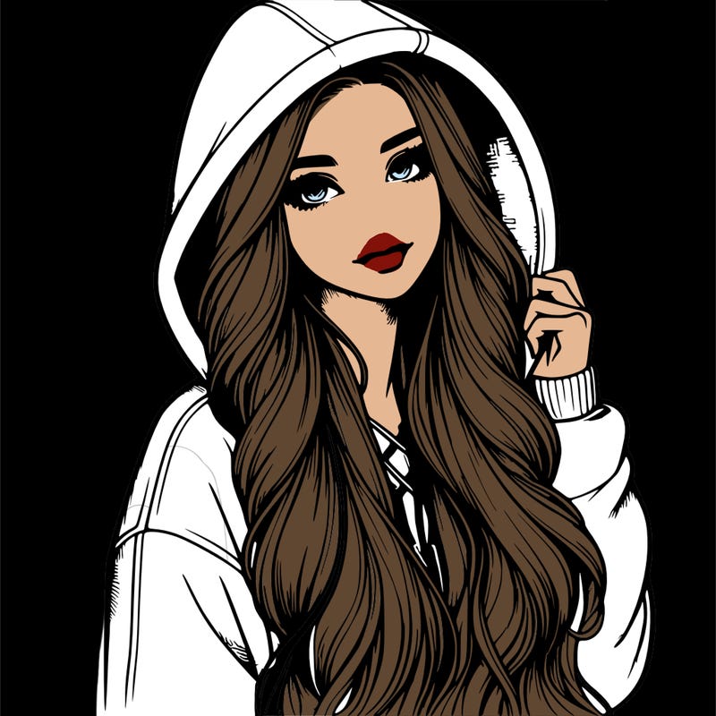 realistic girl with long hair in a big hoodie