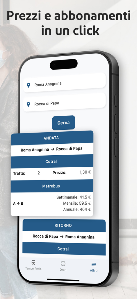 Bus Lazio - Orari Cotral - Interfaz de la aplicación móvil Bus Lazio que muestra los precios de los billetes de autobús y las opciones de suscripción para viajes regionales en Italia.
