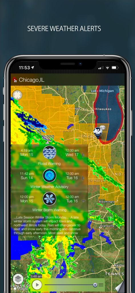 Radar HD app screen showing severe weather alerts and a high-resolution radar map for Chicago.