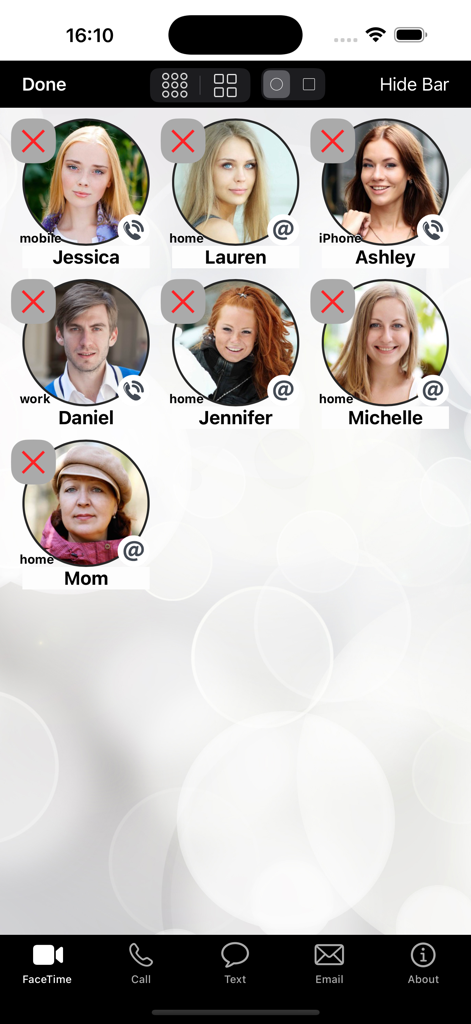 FaceDial PRO Photo Dialer - FaceDial PRO interface showing a grid of circular contact photo buttons for quick dialing