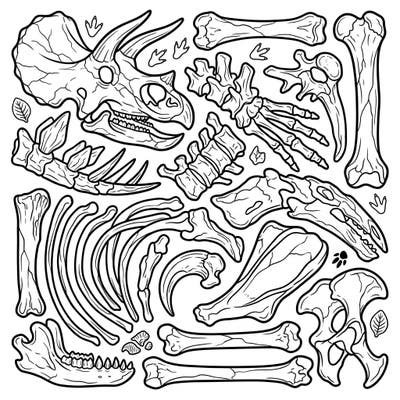 Dive into a world millions of years old with this captivating dinosaur bone fossils coloring page. Discover intricate prehistoric remains, from mighty skulls to delicate vertebrae, ready for your artistic touch.