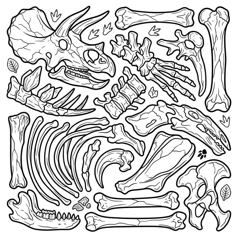 Dive into a world millions of years old with this captivating dinosaur bone fossils coloring page. Discover intricate prehistoric remains, from mighty skulls to delicate vertebrae, ready for your artistic touch.