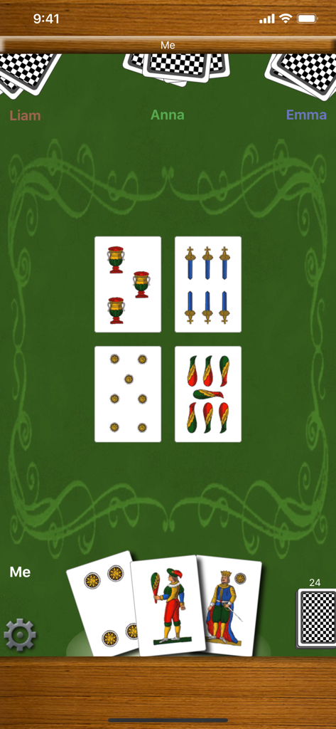 Scopa! - Mesa digital del juego de cartas Scopa con cartas regionales italianas tradicionales y nombres de jugadores