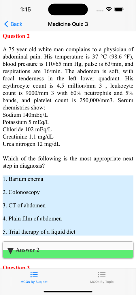 AMC Question Bank - AMC Question Bank mobile app screen showing a clinical case study and multiple choice question for medical exam preparation