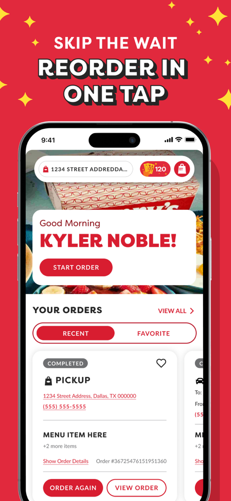Dennys app screen showing recent orders and one tap reordering feature