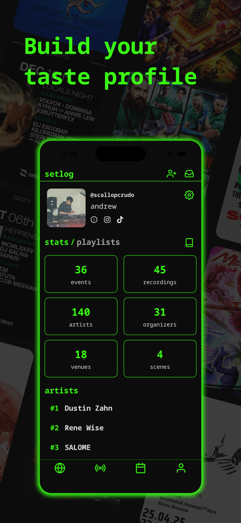 setlog - rave tracker - A user profile interface in the setlog app showing statistics for rave events artists and top DJs
