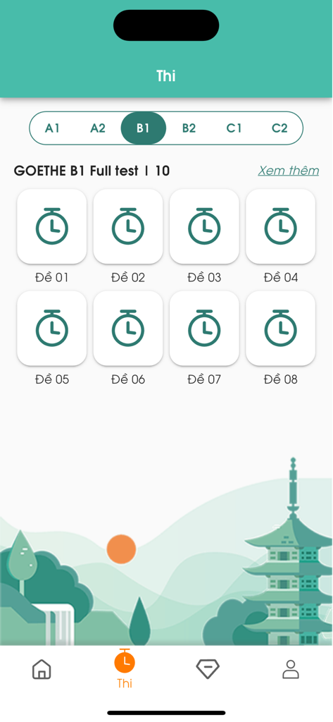 Aplicación Migii GOETHE que muestra una selección de pruebas de práctica completas para el nivel B1 de Goethe