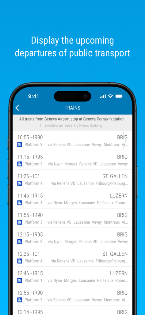 Uno schermo di smartphone che visualizza un elenco delle prossime partenze dei treni dall'aeroporto di Ginevra, inclusi orari, binari e destinazioni.