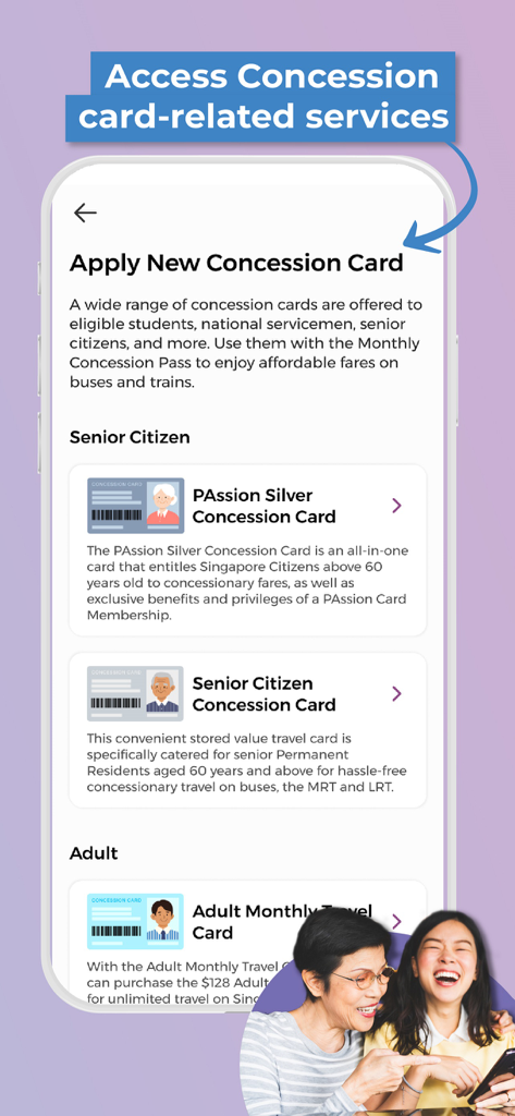 SimplyGo - SimplyGo app screen showing options to apply for various concession cards including senior citizen and adult monthly passes