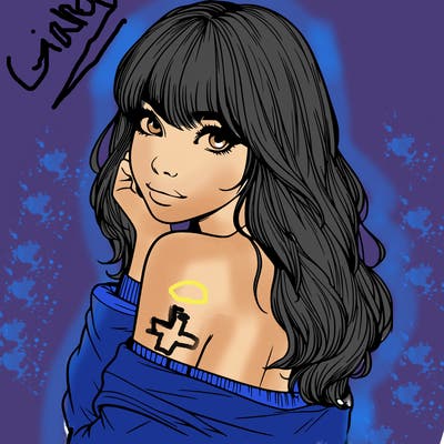realistic girl with bangs looking over her shoulder