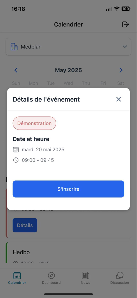 Captura de pantalla de la aplicación móvil Medplan que muestra detalles del evento y registro para una demostración médica.