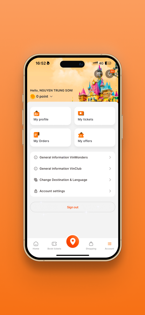 VinWonders - Account profile screen of the VinWonders app showing tickets and loyalty points