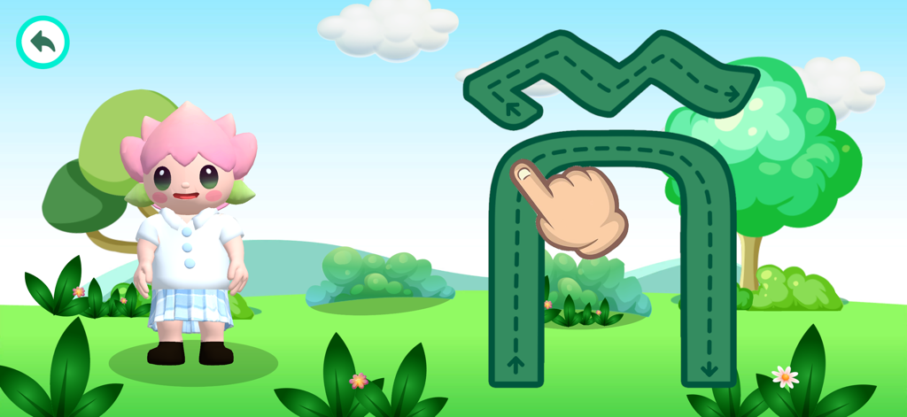 Un personaje de dibujos animados parado junto a una letra del alfabeto Khmer con guías de trazado para que los niños practiquen la escritura