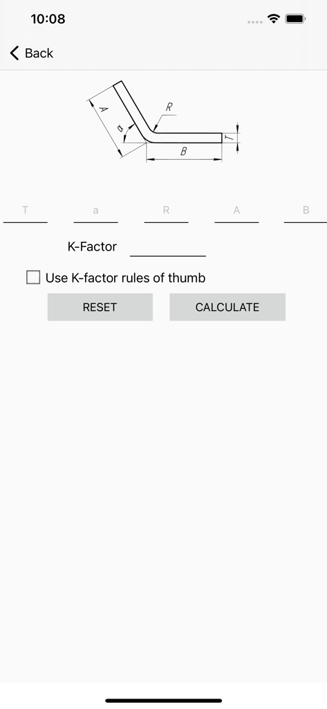Bending Sheet Metal - Sheet metal bend calculator interface with technical diagram and K-factor input