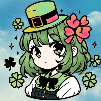 a manga-style girl with clovers around her, a little hat in her hair, like it's saint patrick's day