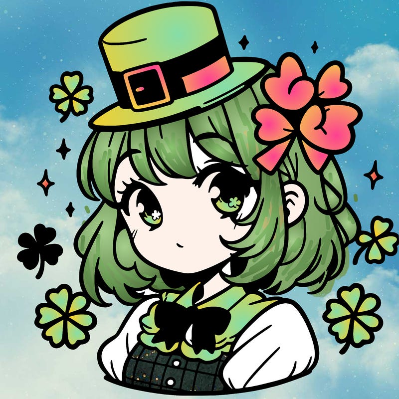 a manga-style girl with clovers around her, a little hat in her hair, like it's saint patrick's day