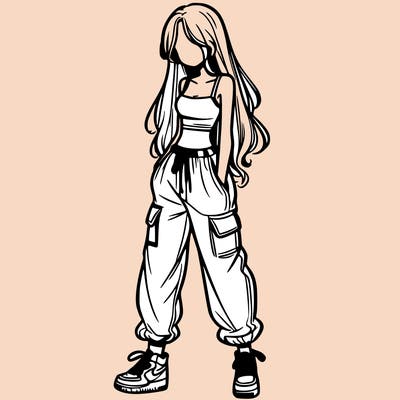 girl in baggy pants crop top and long hair