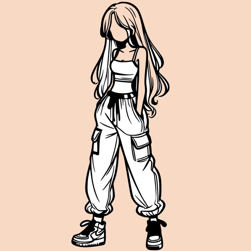 girl in baggy pants crop top and long hair