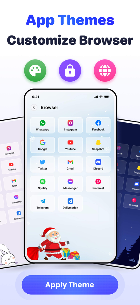 Calculator Lock - Hide Photos - Una interfaz móvil que muestra temas de navegador personalizables y marcadores para redes sociales dentro de una aplicación de bóveda de calculadora segura