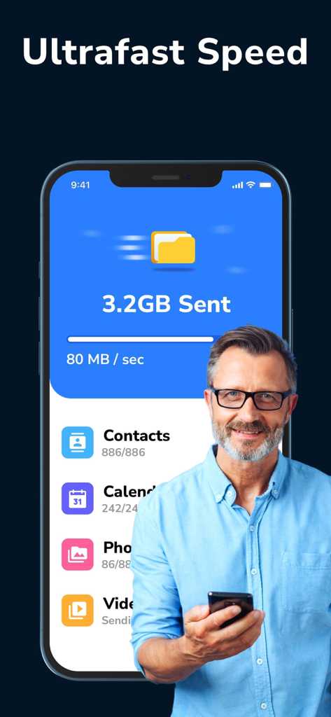 Data Transfer - Copy My Data - Interface de l'application mobile montrant une vitesse de transfert de données ultra-rapide pour les contacts et les photos