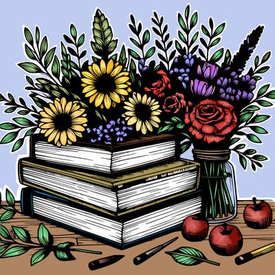 rustic books and flowers realistic