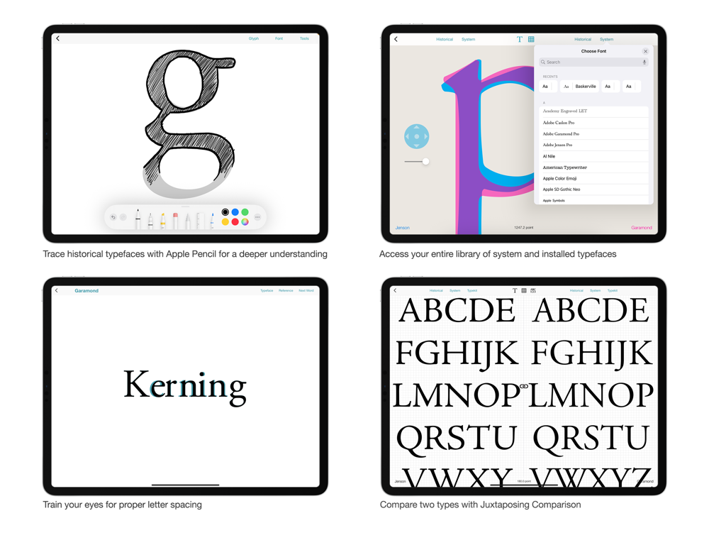 Typography Insight - Typography Insightアプリの4つの画面で、フォントトレース、フォントライブラリ選択、カーニングトレーニング、および並べての書体比較を示している様子