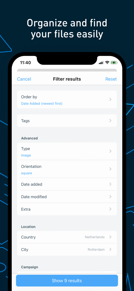 Bynder - Bynder mobile app interface showing advanced search filters for organizing and finding digital assets by type, orientation, and location.
