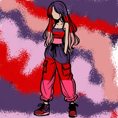 girl in baggy pants crop top and long hair