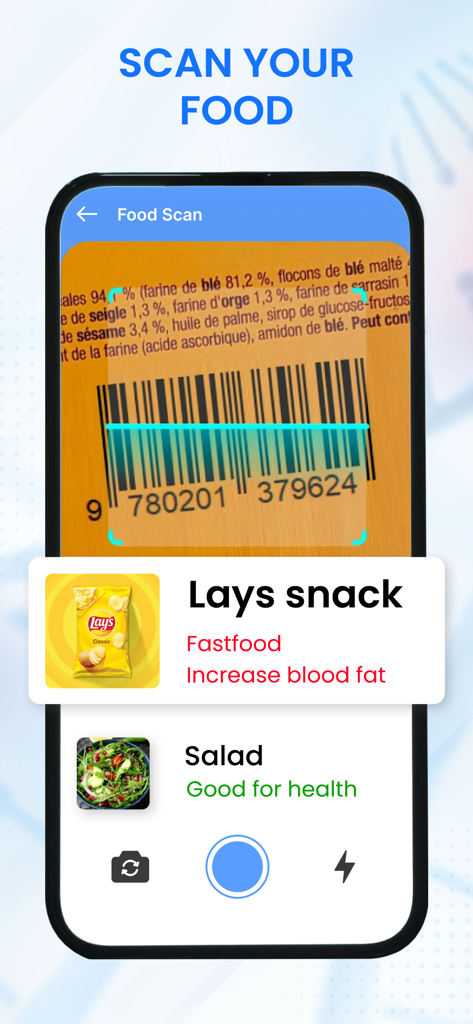 BMP: Blood Pressure Tracker - Función de escáner de alimentos de la aplicación BMP que identifica alimentos saludables y no saludables por código de barras.