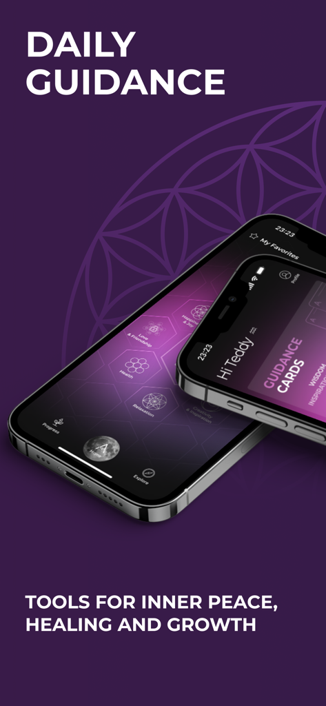 Dos iPhones mostrando la interfaz de la aplicación Affirmate con categorías de bienestar y cartas de guía sobre un fondo morado.