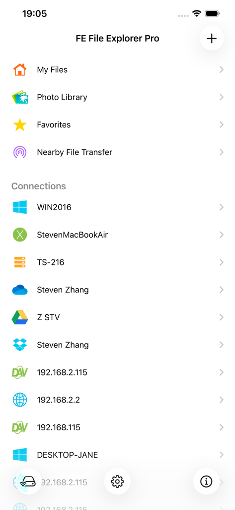 FE File Explorer Pro - Dashboard of FE File Explorer Pro listing connections to Windows PC, Mac, NAS, and cloud storage providers.
