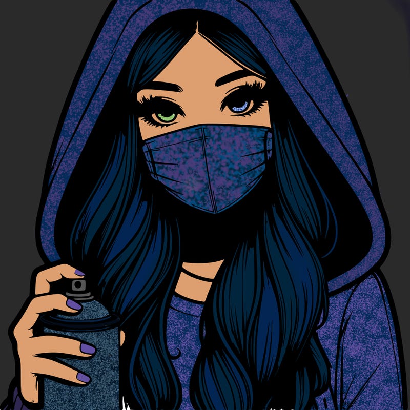 girl wearing a mask with long hair with her hood up spray-painting realistic