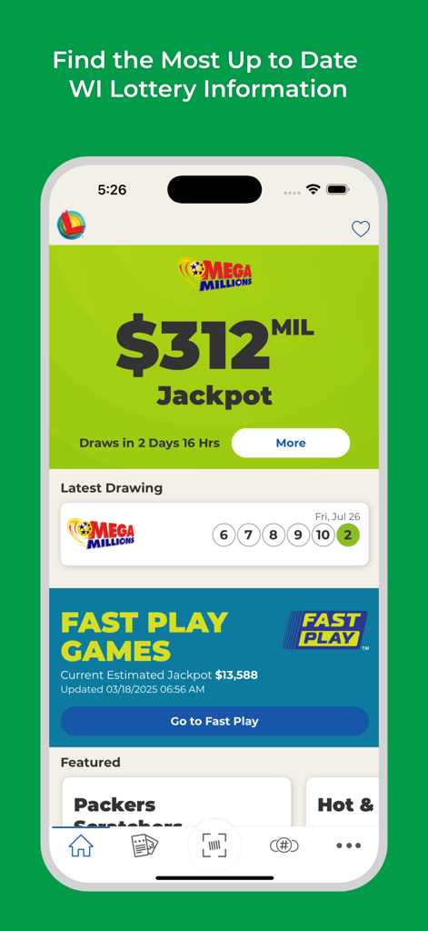 WI Lottery - WI 복권 앱의 홈 화면, 메가 밀리언즈 잭팟 및 최신 당첨 번호 표시
