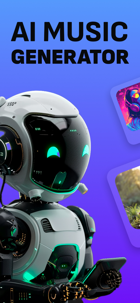 Futuristic white robot with glowing green eyes using a smartphone to generate music on a purple background