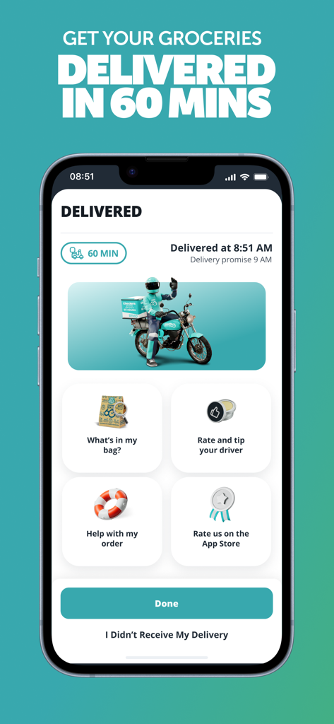 Checkers Sixty60 - Checkers Sixty60 app interface showing a successful delivery confirmation screen with post-order options