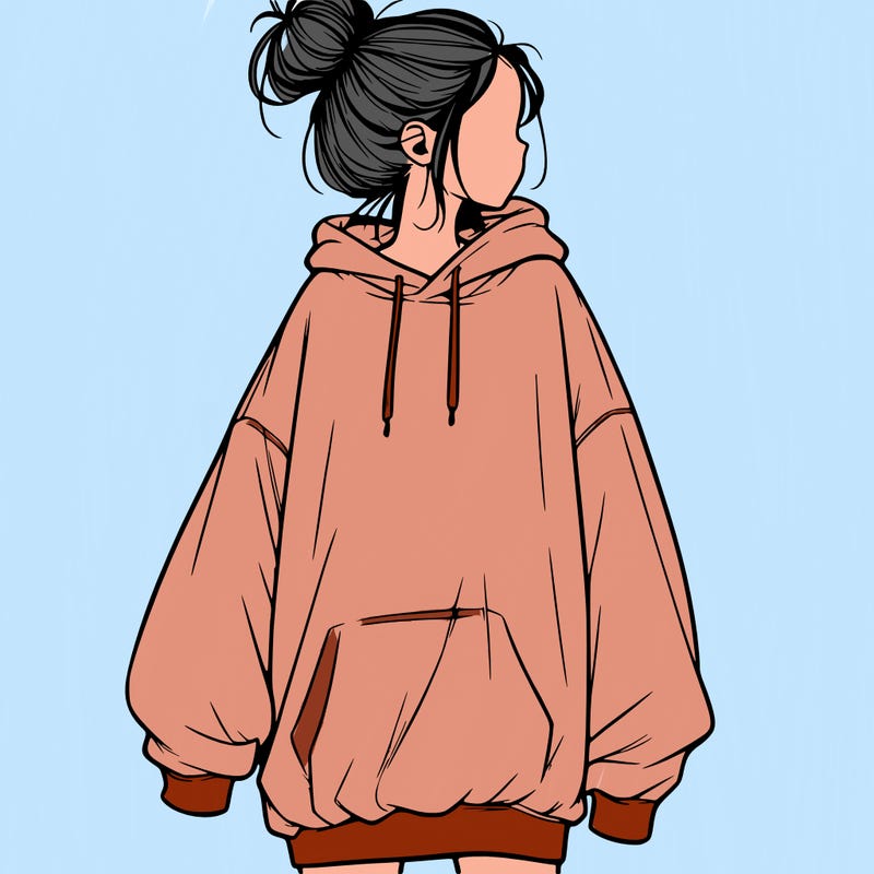 realistic girl with a oversized sweatshirt on and a bun