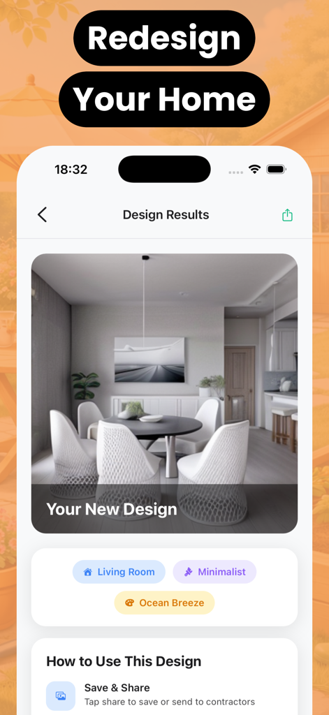 Homeora: AI Room Design - Homeora app screen showing an AI-generated minimalist living room design with white modern chairs and a black dining table