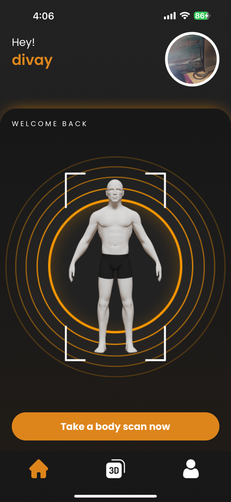 Mirrorsize - Mirrorsize app dashboard featuring a 3D body scan avatar and a button to start the measurement process
