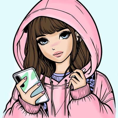 realistic girl with oversized hood and holding a phone