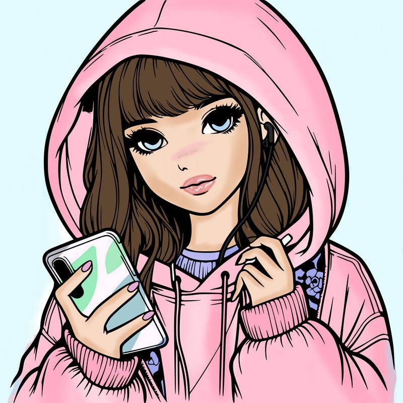 realistic girl with oversized hood and holding a phone