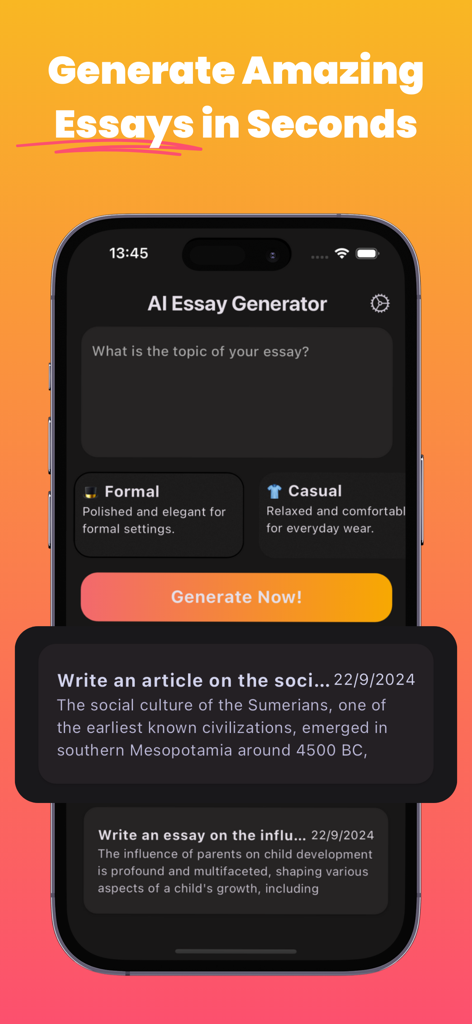 Um smartphone exibindo a interface do aplicativo AI Essay Generator com opções de estilo de escrita formal e informal.